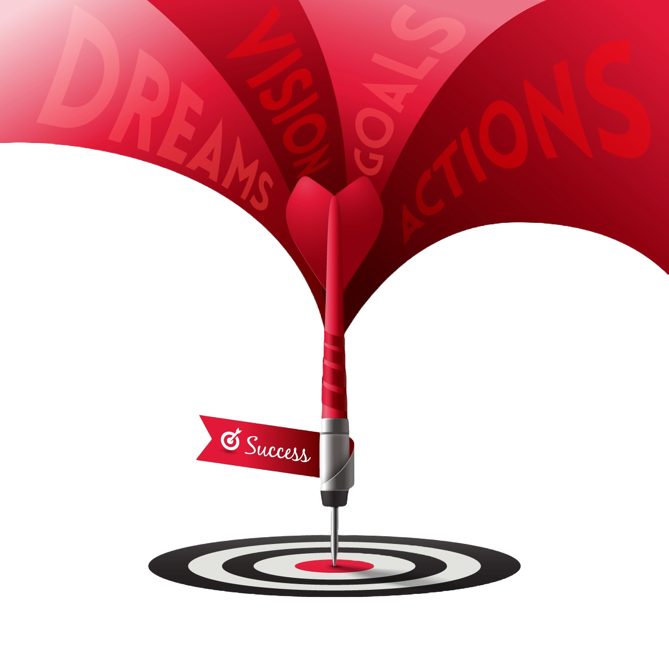 A red arrow with the words dreams, actions, and visions on it, symbolizing the path towards achieving goals.
